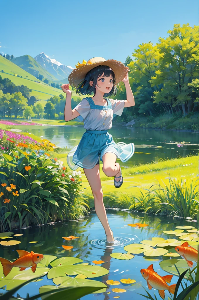 Two lively  girls，They all wore straw hats，Wear shorts and short sleeves。The two of them were playing happily beside the clear pond.。They squatted by the water，Holding a delicate little basket in hand，A few lively little fish can be vaguely seen jumping inside。 In the pond，Several goldfish swimming in the water，Their bodies shimmer with golden light.，Adds a touch of vivid color to the entire scene。Surrounded by lush greenery and several gorgeous flowers，They contrast beautifully with the blue sky and the hills in the distance.，It forms a peaceful and beautiful picture。