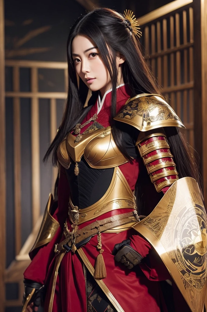 Female Landlord,Naotora Ii,Female generals,Long Haired Beauty,Holding a naginata,Wearing stylish red armor,Wearing a red skirt,Crouching,Panty shot,One leg raised,Wearing leg armor,She has a hairpin on her head