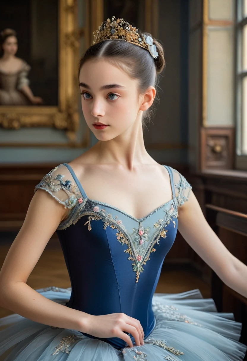 (highres,masterpiece:1.2),(realistic:1.37)"(best quality, highres, ultra-detailed, realistic),beautiful 19th-century portrait of a 16-year-old French ballet dancer, (She is half French and half Japanese, and is a stunning beauty with dark blue eyes and a high nose:1.1), elaborate ballet costume, detailed facial features, long graceful neck, flowing locks of hair, poised and elegant posture, soft and delicate lighting, classic oil painting medium, vibrant colors, subtle background with floral motifs", perfect anatomy, (two French ballet dancer is deeply in love with each other, kiss:1.7)