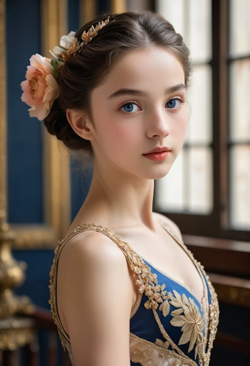 (highres,masterpiece:1.2),(realistic:1.37)"(best quality, highres, ultra-detailed, realistic),beautiful 19th-century portrait of a 16-year-old French ballet dancer, (She is half French and half Japanese, and is a stunning beauty with dark blue eyes and a high nose:1.1), elaborate ballet costume, detailed facial features, long graceful neck, flowing locks of hair, poised and elegant posture, soft and delicate lighting, classic oil painting medium, vibrant colors, subtle background with floral motifs", perfect anatomy, (two French ballet dancer is deeply in love with each other, kiss:1.7)