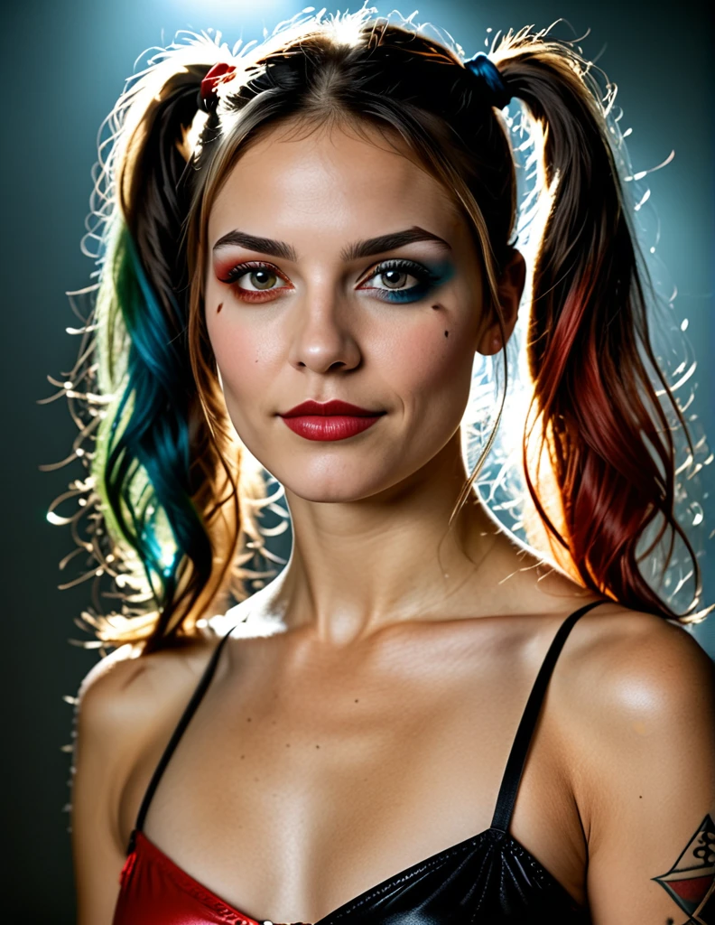 Harley Quinn, realistic, close-up full body shot, slender body, average small breasts, Hourglass body shape, detailed facial features, intricate tattoos, provocative skintight outfit, dark moody lighting, atmospheric background, dramatic poses, cinematic composition, high contrast, backlight lightning, vivid colors, (best quality,4k,8k,highres,masterpiece:1.2),ultra-detailed,(realistic,photorealistic,photo-realistic:1.37),
