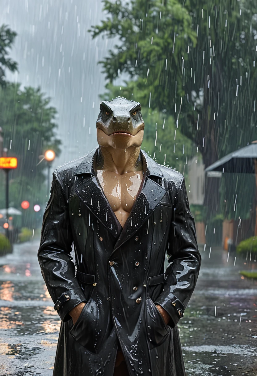 Sexy red dinosaur wearing black trench coat,(No humans),E7E48U,Wet body,rain, Background grassland