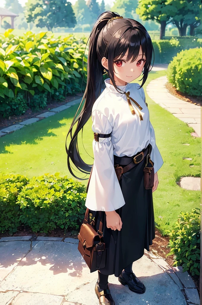 (masterpiece; best quality: 1.2), (finely detailed eyes: 1.3), (( female kid)), ((so), (red eyes: 1.4), (body; short, slender: 1.3), (black hair in ponytail: 1.3), (beautiful and clear background: 1.2), ((depth of field)), (clothes: wanderer mage attire + white-and-gold wide-sleeve high-neck shirt + very long black skirt + belts + traveler pouches and satchel: 1.3), (anime illustration: 1.2), (background; garden exterior: 1.1), (extremely fine and beautiful: 1.1), (shot composition; standing + centered on torso + close-up: 1.5), (expression; calm, smile: 1.2)