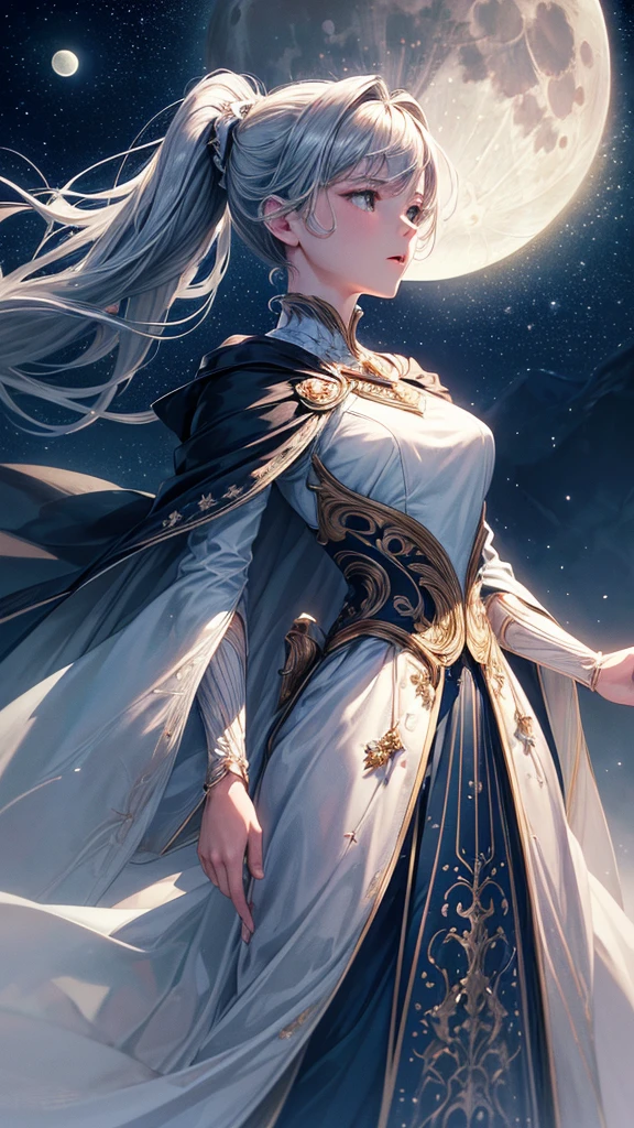 masterpiece, (Highest quality:1.2), (Super detailed:1.2), figure, (Very delicate and beautiful:1.2),Movie angle,floating, (Beautiful attention to detail:1.1), (Detailed light:1.1),Cinema Lighting, Beautifully detailed skies, woman, Gray Hair, (High Ponytail:1.1), Cape, Close eyes, (moon:1.2), (moonlight:1.1), Starry Sky, (Lighting particles:1.1), fog, Snow Painting, sketch, bloom,Spreading arms,Mouth slightly open