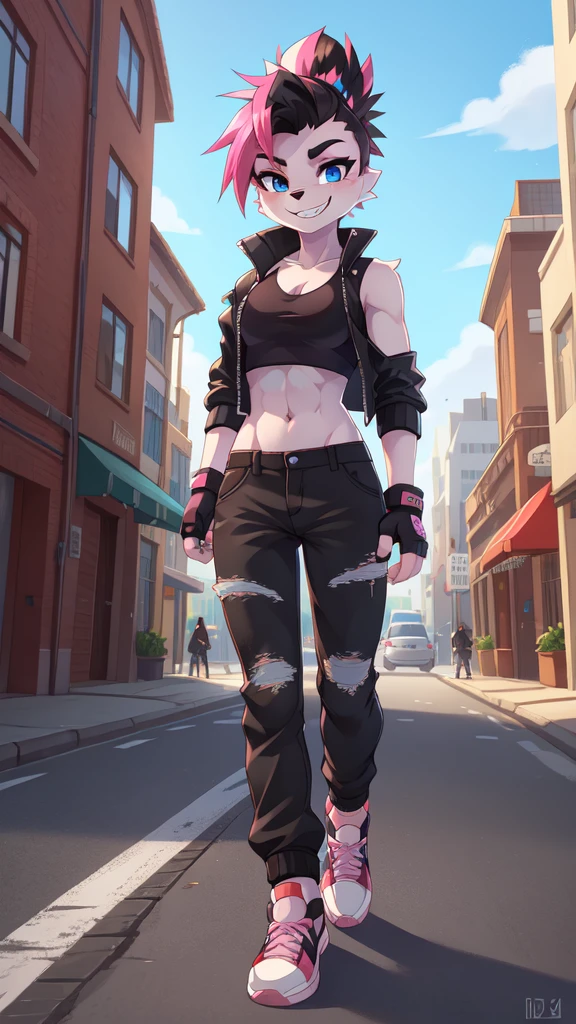 furry girl, dog, multicolored hair, pink hair, black hair, mohawk, makeup, black eyeshadows, blue eyes, ((fingerless gloves, black rock jacket, open clothes, tank top, midriff, pants, shoes)), narrowed eyes, detailed body fur, detailed face, detailed eyes, glistering body, shiny body, gorgeous body, skinny, solo, :3, white body fur, sharp teeths, grin, street, clear sky,