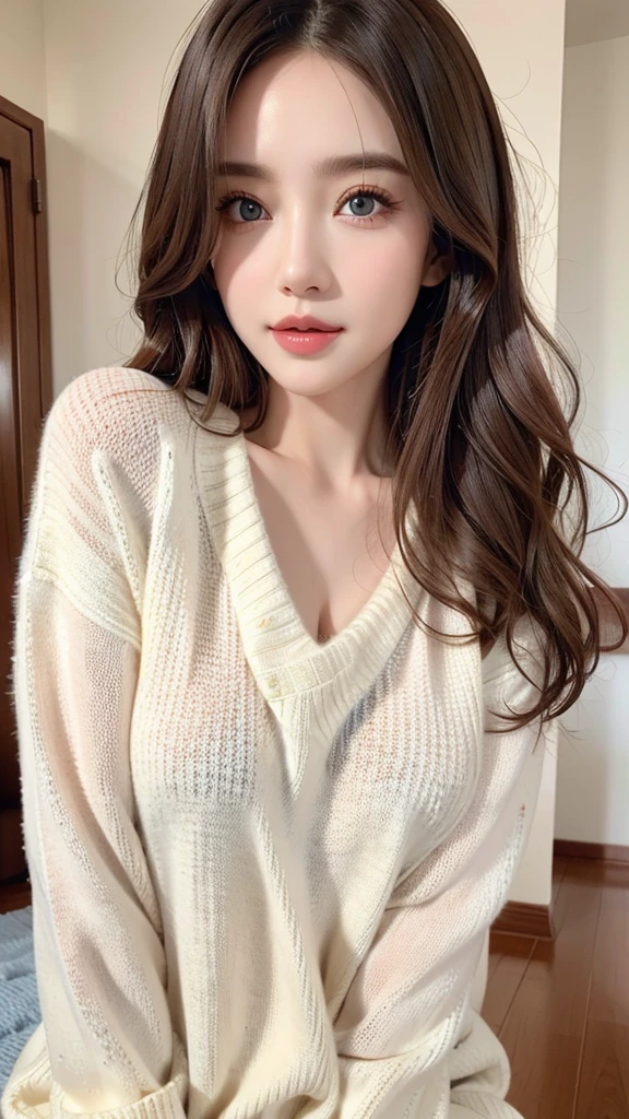 masterpiece, Highest quality, Realistic, Highly detailed CG integrates 8K, 8K,(Very beautiful face, Beautiful Lips, Beautiful Eyes), Exquisitely detailed face,1 Girl, Very beautiful girl,Exquisite eye makeup,Subtle eye detail,The best example of four fingers and one thumb,Toned figure,Nice and beautiful smile,Bright long hair,(masterpiece, Highest quality:1.2),alone,The eyes are exquisite and delicate,Exquisite hair color,( Wear a sexy sweater:1.2),Pastel Tones,Pink Lips,blue eyes,Big Breasts
