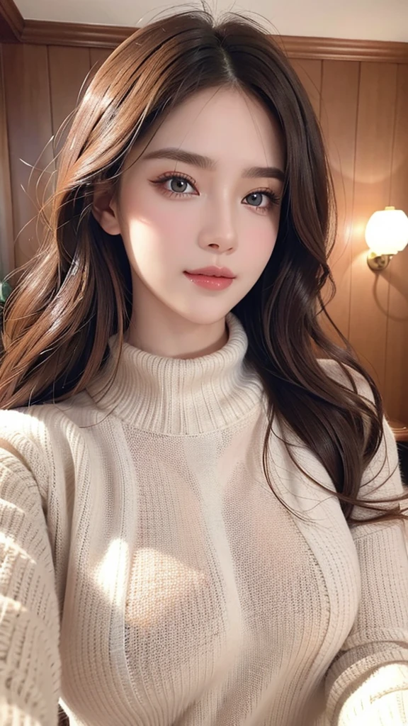 masterpiece, Highest quality, Realistic, Highly detailed CG integrates 8K, 8K,(Very beautiful face, Beautiful Lips, Beautiful Eyes), Exquisitely detailed face,1 Girl, Very beautiful girl,Exquisite eye makeup,Subtle eye detail,The best example of four fingers and one thumb,Toned figure,Nice and beautiful smile,Bright long hair,(masterpiece, Highest quality:1.2),alone,The eyes are exquisite and delicate,Exquisite hair color,( Wear a sexy sweater:1.2),Pastel Tones,Pink Lips,blue eyes,Big Breasts