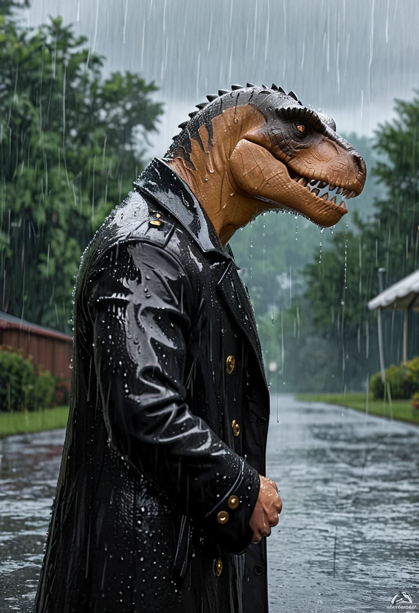 Fierce Tyrannosaurus(Wearing a black trench coat),,(No humans),E7E48U，Wet body，rain, Background grassland

