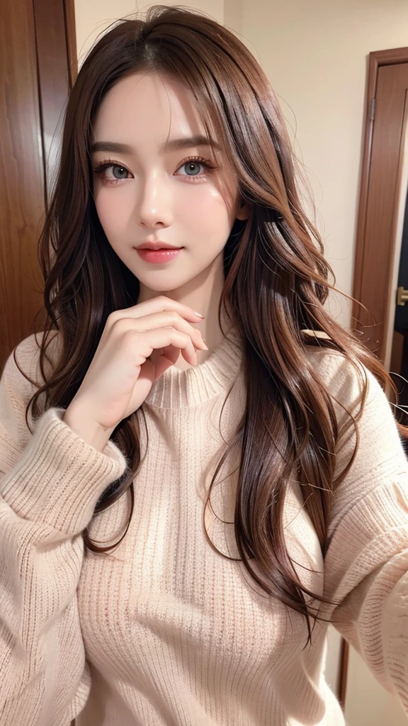 masterpiece, Highest quality, Realistic, Highly detailed CG integrates 8K, 8K,(Very beautiful face, Beautiful Lips, Beautiful Eyes), Exquisitely detailed face,1 Girl, Very beautiful girl,Exquisite eye makeup,Subtle eye detail,The best example of four fingers and one thumb,Toned figure,Nice and beautiful smile,Bright long hair,(masterpiece, Highest quality:1.2),alone,The eyes are exquisite and delicate,Exquisite hair color,( Wear a sexy sweater:1.2),Pastel Tones,Pink Lips,blue eyes,Big Breasts