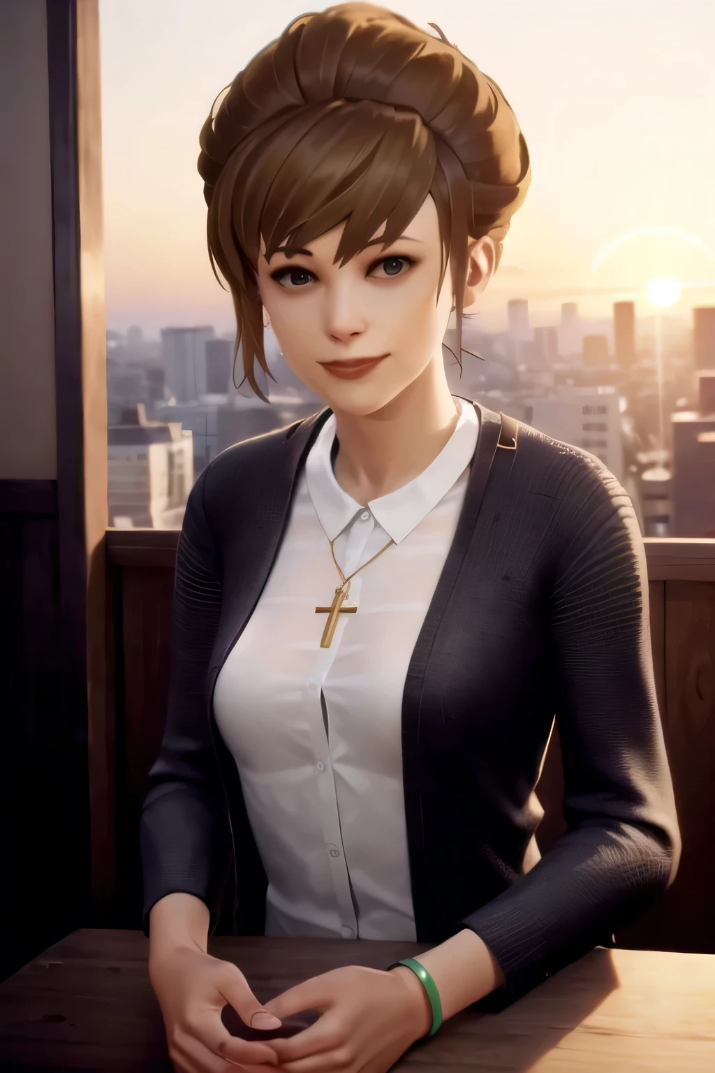 (highres, best quality:1.3), kat3LIS, dark blonde hair, hazel eyes, slender, looking at viewer, warm inviting smile, dark wool blazer, blouse opened, beautiful boobs, cross necklace, upper body, outdoors, sunrise.