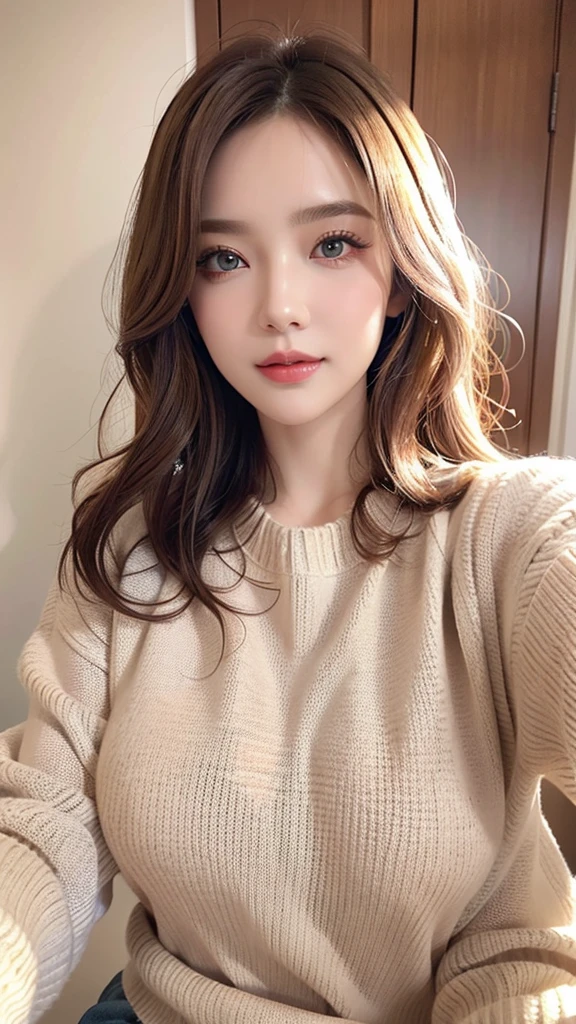 Pink nipples,(8K、 Highest quality、 masterpiece、 Realistic、 Very detailed:1.3)、(Photorealistic:1.2)、((Long knit sweater))、((Beautiful Japanese Women))、One Woman、Light brown hair、Big Breasts、Smart Body、Laughter、Very detailed顔、Detailed eyes