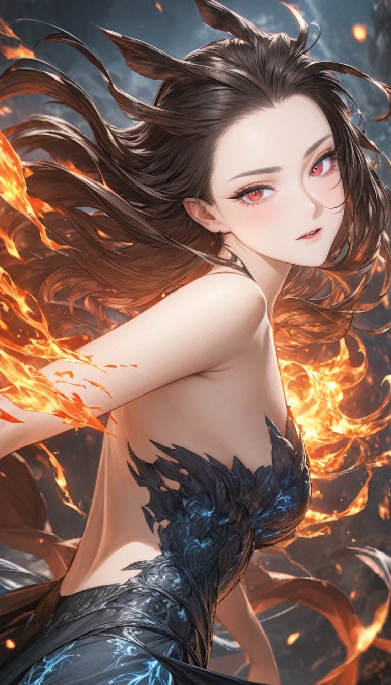 best quality, super fine, 16k, incredibly absurdres, extremely detailed, 2.5D, delicate and dynamic depiction, beautiful witch, unfazed by any attack, with her hair combed back, ruby ​​red eyes, a condescending gaze, ice magic effects, fire magic effects, water magic effects, earth magic effects, wind magic effect, clear subject, prime lenses, lens filters, clear subject, background dark fantasy