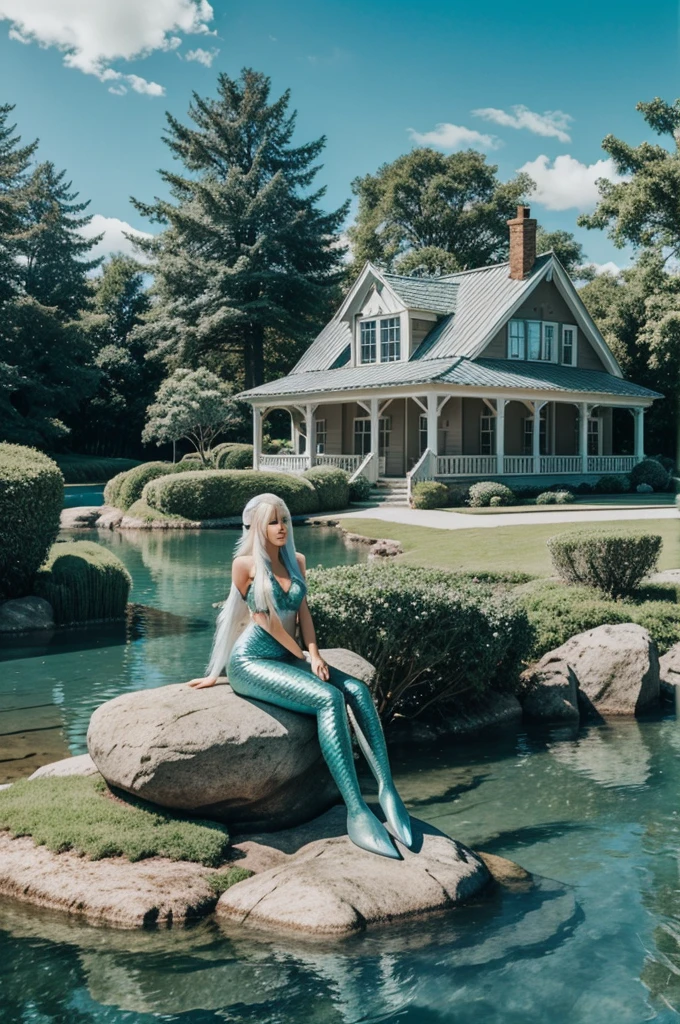 Dream house in a landscape with unicorn and mermaid sitting close by. Mermaid with white hair. Mermaid sitting on a rock