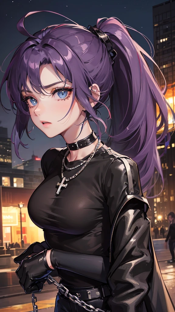 Photograph of the upper body of a beautiful woman,  , normal breasts, perfect body), Sharp focus, (tall body, mature woman), ((Looking ahead)), (Highly detailed skin, hair follicles:1.4,) (long ponytail hairstyle ,Purple hair, blue eyes) , (black t-shirt:1.47),(green pants),chain , There are tears. , Cross necklace , wearing a black leather jacket,  cross chain, city scenery , punk , night light  , high quality ,cold expression, one leather gloves , biker style , cool