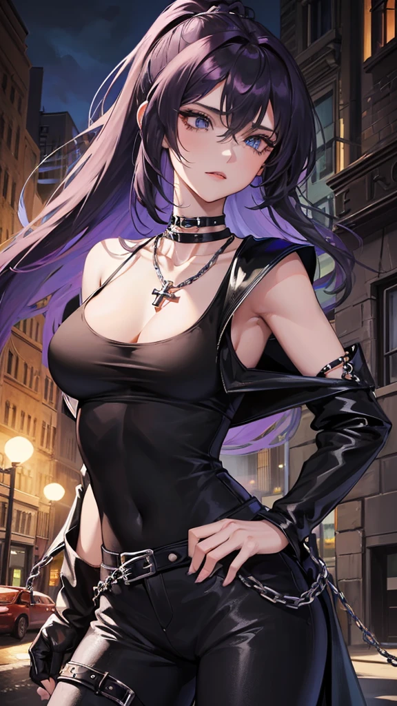 Photograph of the upper body of a beautiful woman, , normal breasts, perfect body), Sharp focus, (tall body, mature woman), ((Looking ahead)), (Highly detailed skin, hair follicles:1.4,) (long ponytail hairstyle ,Dark purple hair, blue eyes) , (black t-shirt:1.47),(green pants),chain , There are tears. , Cross necklace , wearing a black leather jacket, cross chain, city scenery , punk , night light , high quality ,cold expression, one leather gloves , biker style , cool