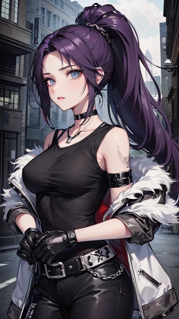 Photograph of the upper body of a beautiful woman, , normal breasts, perfect body), Sharp focus, (tall body, mature woman), ((Looking ahead)), (Highly detailed skin, hair follicles:1.4,) (long ponytail hairstyle ,Dark purple hair, blue eyes) , (black t-shirt:1.47),(green pants),chain , There are tears. , Cross necklace , wearing a black leather jacket, cross chain, city scenery , punk , night light , high quality ,cold expression, one leather gloves , biker style , cool