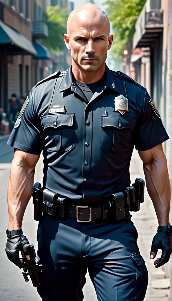 Create a bad-looking, handsome bald police officer, muscle xom gun in hand on the streets hunting thief,8K, Ultra realistic photo, cinematographic 