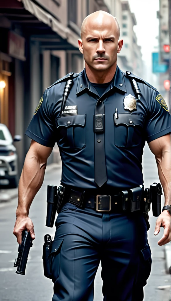 Create a bad-looking, handsome bald police officer, muscle xom gun in hand on the streets hunting thief,8K, Ultra realistic photo, cinematographic 