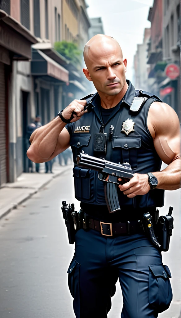 Create a bad-looking, handsome bald police officer, muscle xom gun in hand on the streets hunting thief,8K, Ultra realistic photo, cinematographic