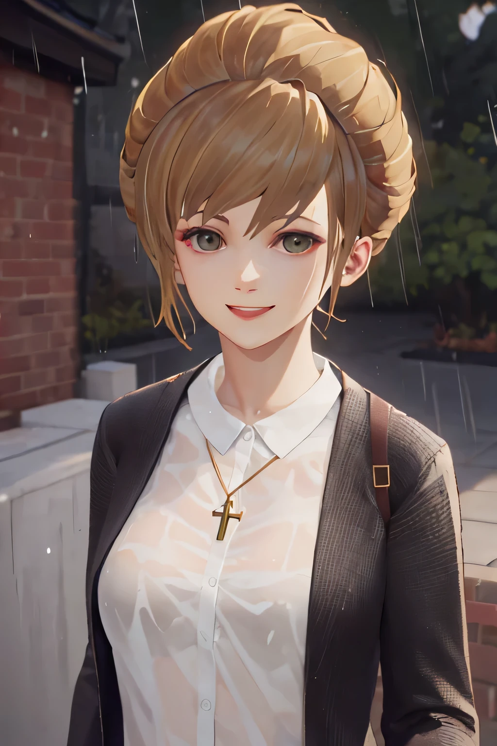 (highres, best quality:1.3), kat3LIS, dark blonde hair, hazel eyes, slender, looking at viewer, warm inviting smile, dark wool blazer, blouse, cross necklace, upper body, outdoors, rain.