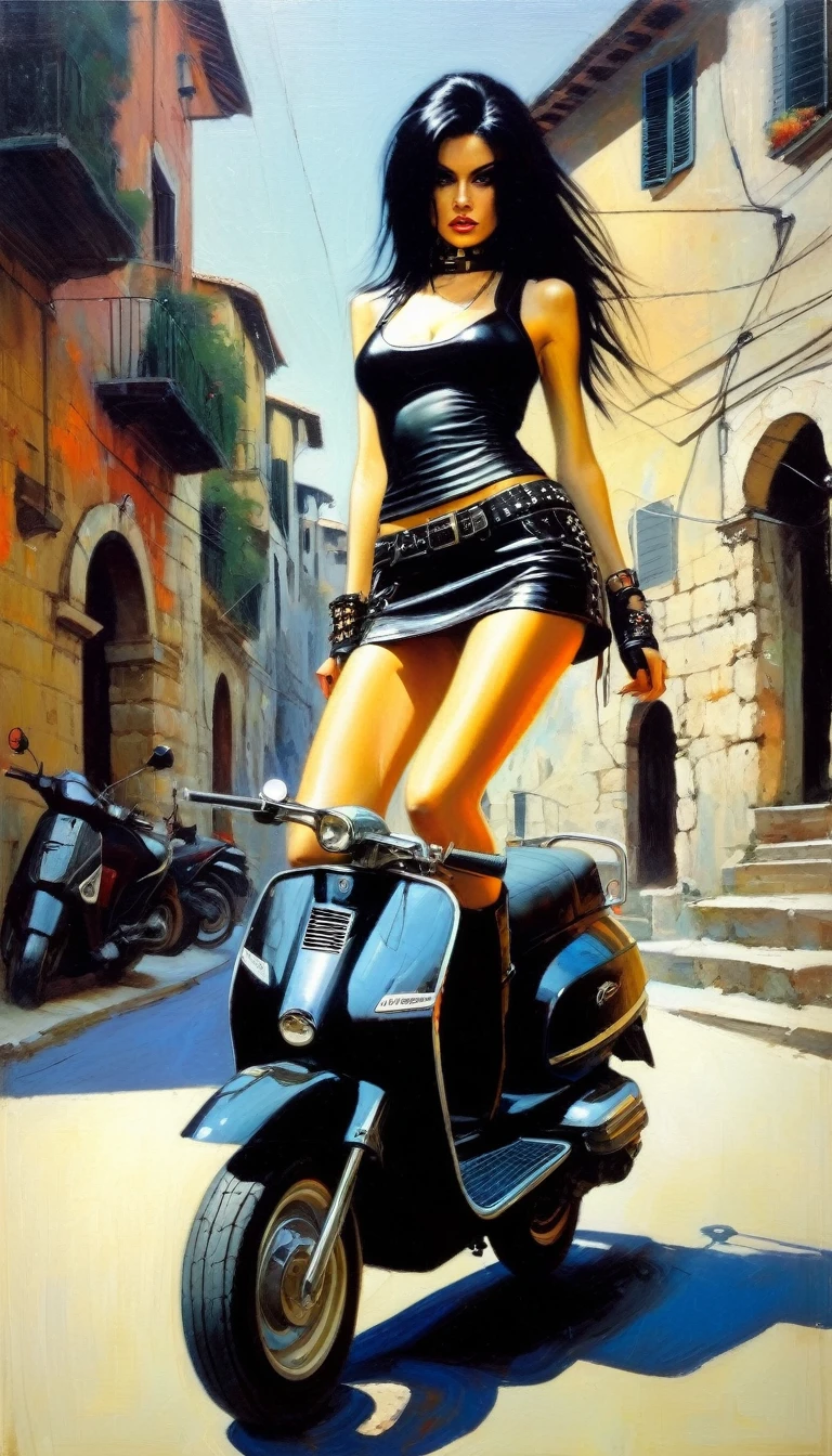 Very sexy girl, long black hair, punk look, sitting on a scooter, motorcycle, black leather miniskirt, on a stone Italian town street, tank top, pronounced nipples, small breasts,(art inspired in Bill Sienkiewicz). oil painting) 