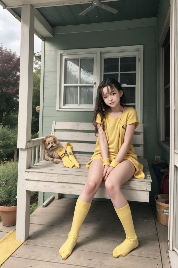 young teenager, Unclothed,  yellow socks, porch 