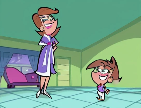 score_9, score_8_up, score_7_up, score_6_up, score_5_up, score_4_up, (Source the fairly oddparents), (rating safe), 1girl, solo, mrs. turner, eyeshadow, outside, walking, brown hair, short hair, white pants, purple shirt, smile, trees, grass,