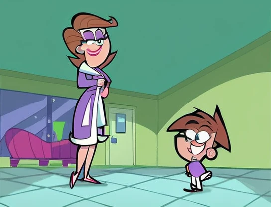 score_9, score_8_up, score_7_up, score_6_up, score_5_up, score_4_up, (Source the fairly oddparents), (rating safe), 1girl, solo, mrs. turner, eyeshadow, outside, walking, brown hair, short hair, white pants, purple shirt, smile, trees, grass,