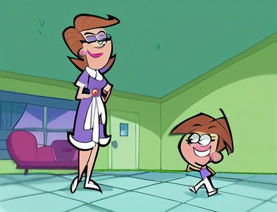 score_9, score_8_up, score_7_up, score_6_up, score_5_up, score_4_up, (Source the fairly oddparents), (rating safe), 1girl, solo, mrs. turner, eyeshadow, outside, walking, brown hair, short hair, white pants, purple shirt, smile, trees, grass,