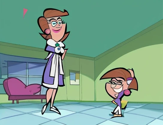 score_9, score_8_up, score_7_up, score_6_up, score_5_up, score_4_up, (Source the fairly oddparents), (rating safe), 1girl, solo, mrs. turner, eyeshadow, outside, walking, brown hair, short hair, white pants, purple shirt, smile, trees, grass,