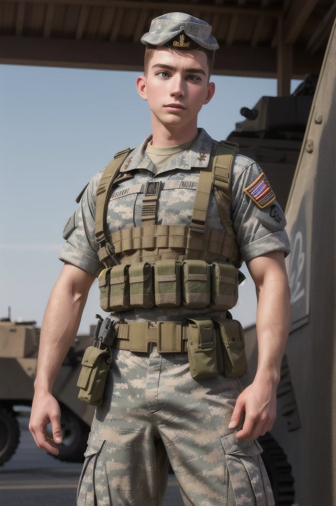 ((masterpiece)), ((best quality:1.2)), High Resolution, 8k, (ultra_realistic:1.3), (photorealistic:1.4), sharp focus, yaoi, 1boy, (perfect face), american soldier, caucasian, white man, handsome sexysoldier,,with military equipment,,name donny r