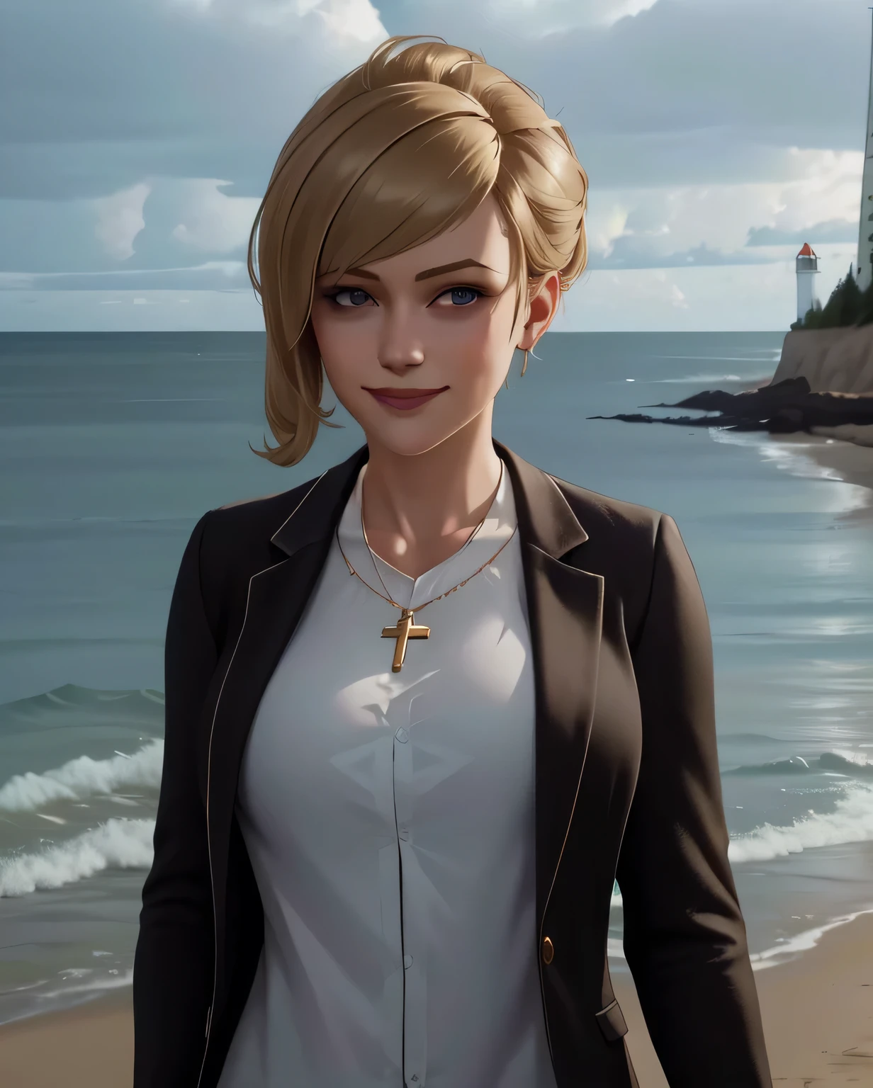 (highres, best quality:1.3), kat3LIS, dark blonde hair, hazel eyes, slender, looking at viewer, warm inviting smile, dark wool blazer, blouse, cross necklace, upper body, outdoors, oregon beach, lighthouse in Arcadia Bay on a tempest.