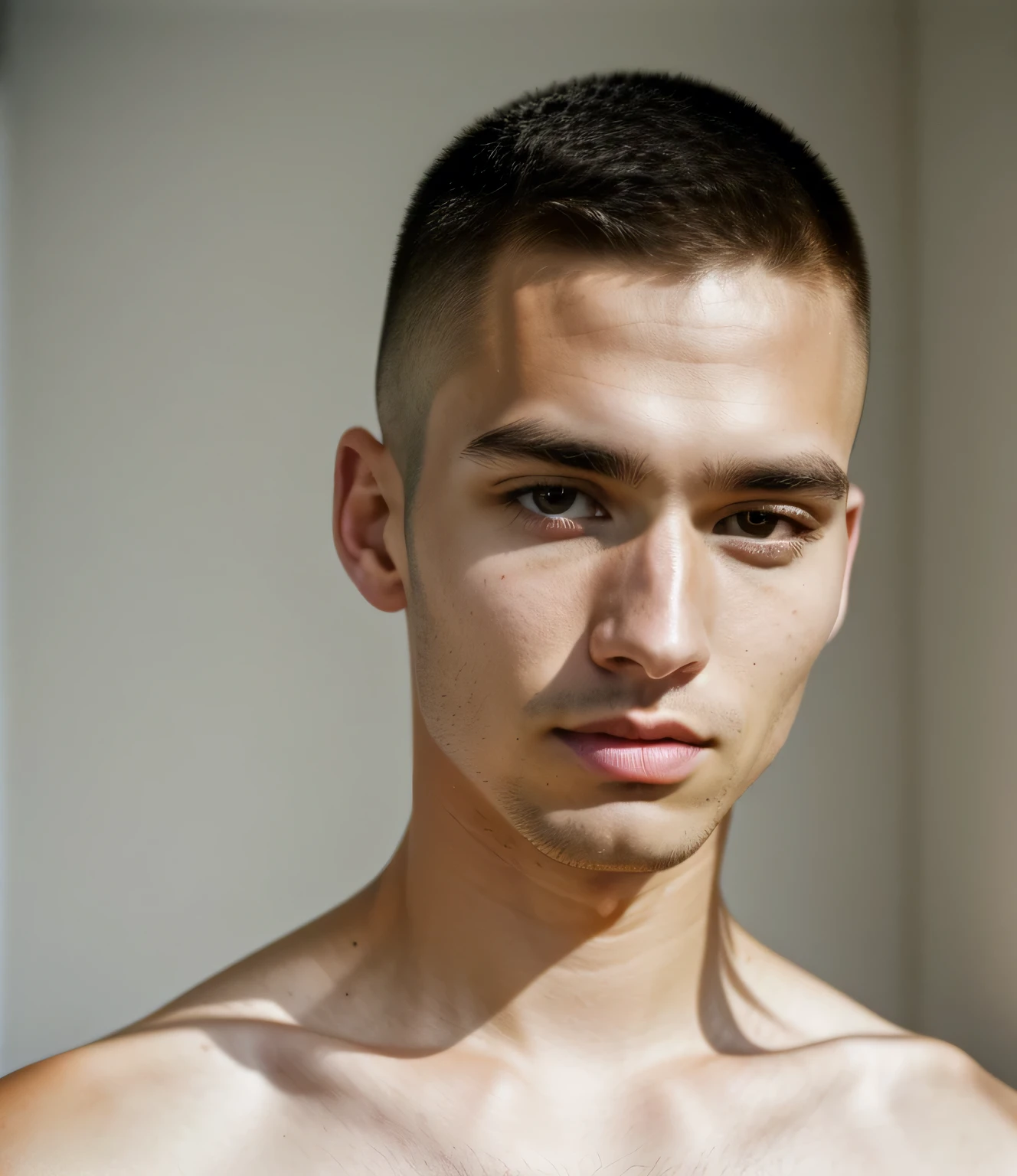 ultra-high-resolution 8K, best quality, (photo realistic:1.4), fashion model, american, man, 28years old, athlete, caucasian, square face, black and small eyes, stern eyes, thick and straight eyebrows, snub nose, plump lips, fair skin with detailed and realistic skin texture, (buzz cut:1.2), single eyelid, closed mouth, wearing white no-sleeve top, exuding the vibe of a fashion model with a neutral, serious expression, facing viewer, looking at viewer, (upper body), detailed hair, epiC35mm