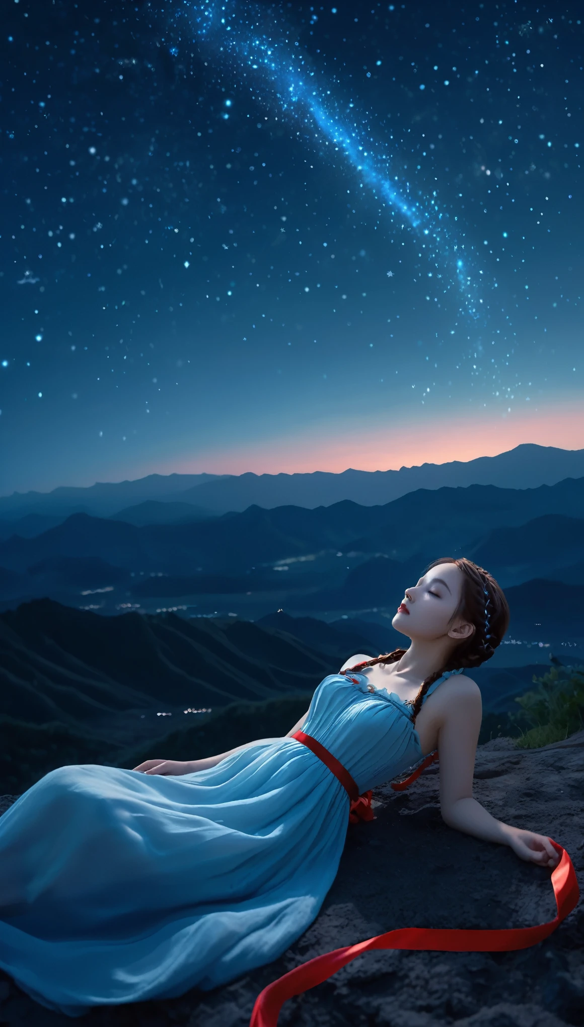 Under the mysterious night sky, a girl in a light blue one-piece dress with a red ribbon on her braid comes down slowly, lying down from above in the sky. A faint glow spreads from the tip of the necklace around her neck. In the background is a starry sky and distant mountains, creating a fantastic atmosphere.