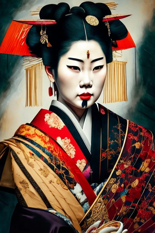 A traditional portrait of a geisha, masterfully painted in the style of abstract expressionism, unfolds a dark, dramatic narrative. The canvas, adorned with rich, somber colors, serves as a backdrop for the geisha's transcendent figure - her delicate features eloquently captured yet subtly distorted by the sweeping brushstrokes. The geisha, bathed in shadows, gazes intently, her eyes a whirlpool of emotion and mystery. The painting, when viewed closely, reveals a myriad of textures and layers, each one telling a story about the geisha's life, her struggles, her beauty, and her resilience. It is a test