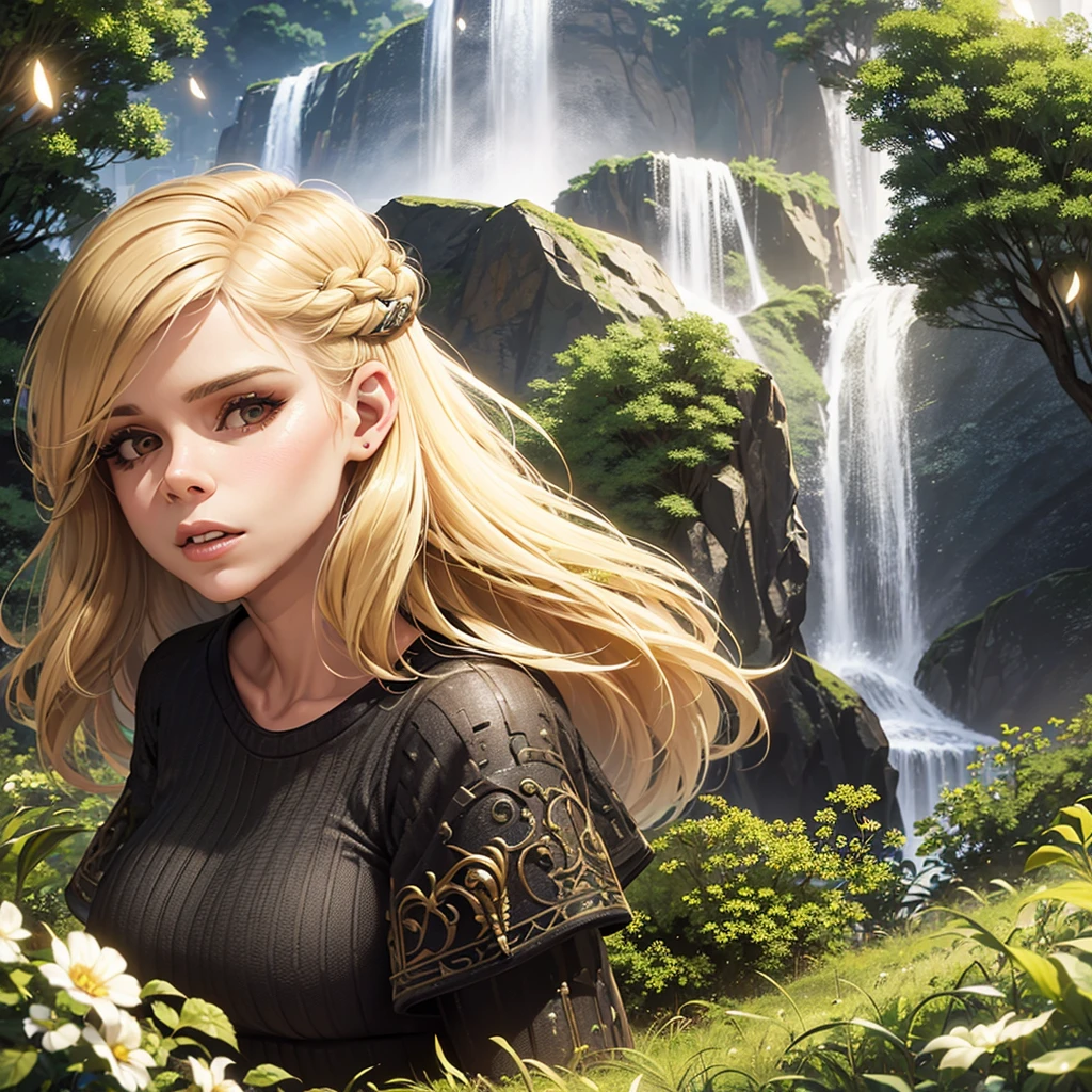 a young woman (Kate Mara) with beautiful detailed eyes, beautiful detailed lips, extremely detailed eyes and face, long eyelashes, blonde high lights, jedi knight, waterfall, lush alien jungle, photorealistic, 8k, high resolution, best quality, detailed lighting, detailed textures, vibrant colors, cinematic composition
