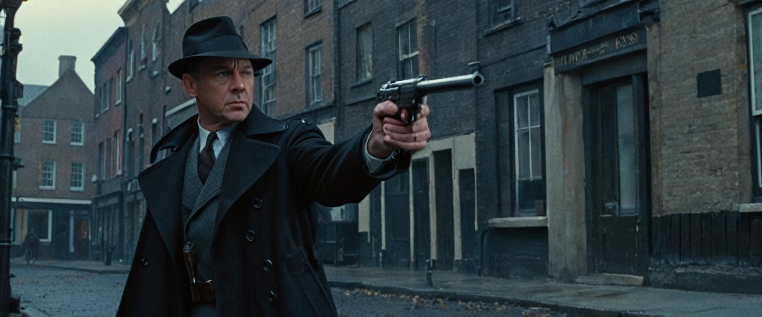 score_9, score_8_up, score_7_up, source_photo, photography, realistic, detailed, cinematic angle, rating safe, from side, Wide shot, 1boy, 45years old, Eliot Ness in Black Trench Coat is holding a submachine gun to viewer, masterpiece, 8k,