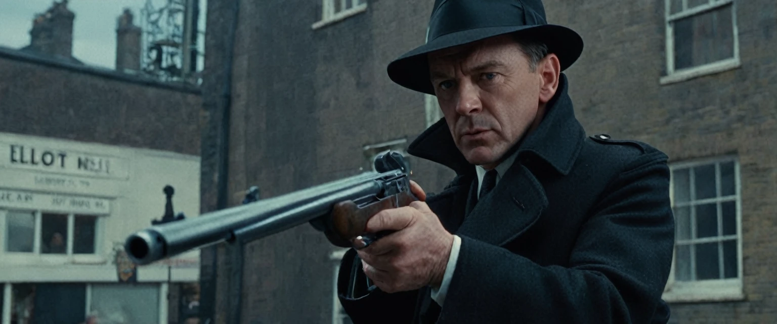 score_9, score_8_up, score_7_up, source_photo, photography, realistic, detailed, cinematic angle, rating safe, from side, Wide shot, 1boy, 45years old, Eliot Ness in Black Trench Coat is holding a submachine gun to viewer, masterpiece, 8k,