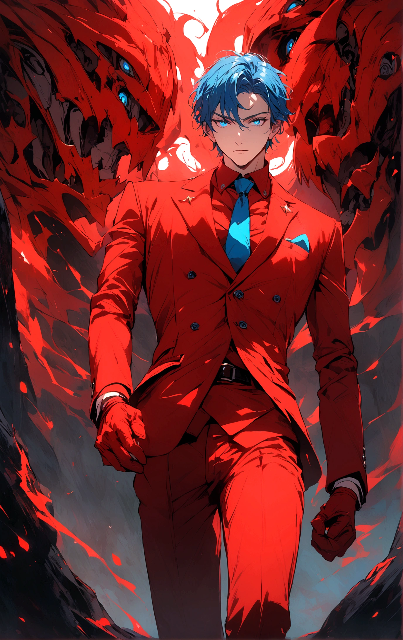 Boy in red suit with blue eyes