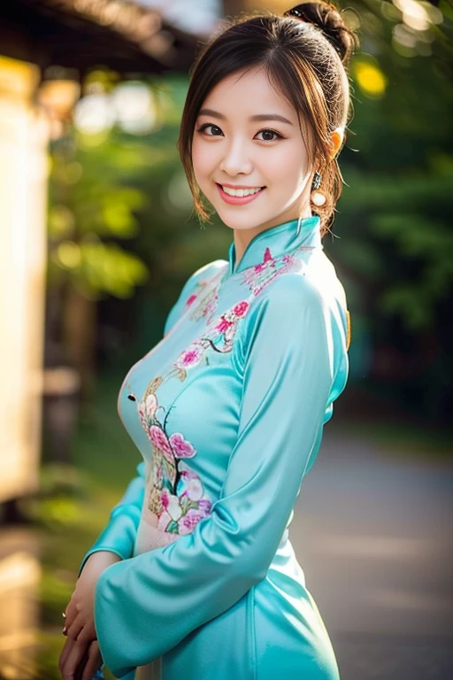 (a gorgeous lady, age 18, Vietnamese traditional dress, she is appreciating nature in Hanoi, dimpled smile, cute snaggle-tooth, short hair ponytail, beautiful detailed face, beautiful detailed eyes, ample round bosom, photorealistic, hyper-realism, high contrast, ultra HD, realistic skin textures, top image quality, top-quality, super high resolution, fine details, very meticulously, masterpiece, head to thigh, the Cowboy shot, romantic feel, bokeh background)