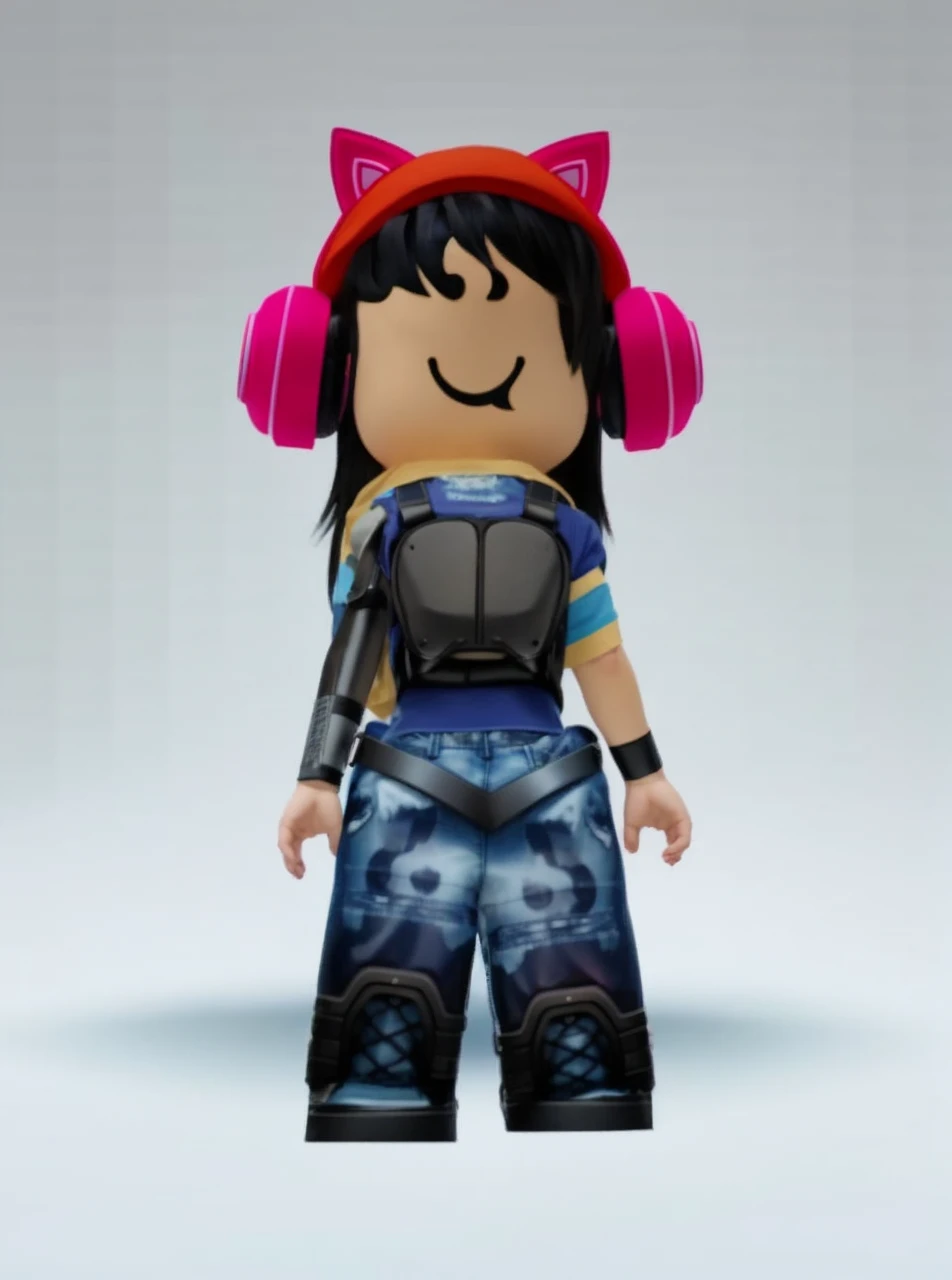 1girl,anime,hair black with red hat,blue shirt,cat hat pink,y2k
