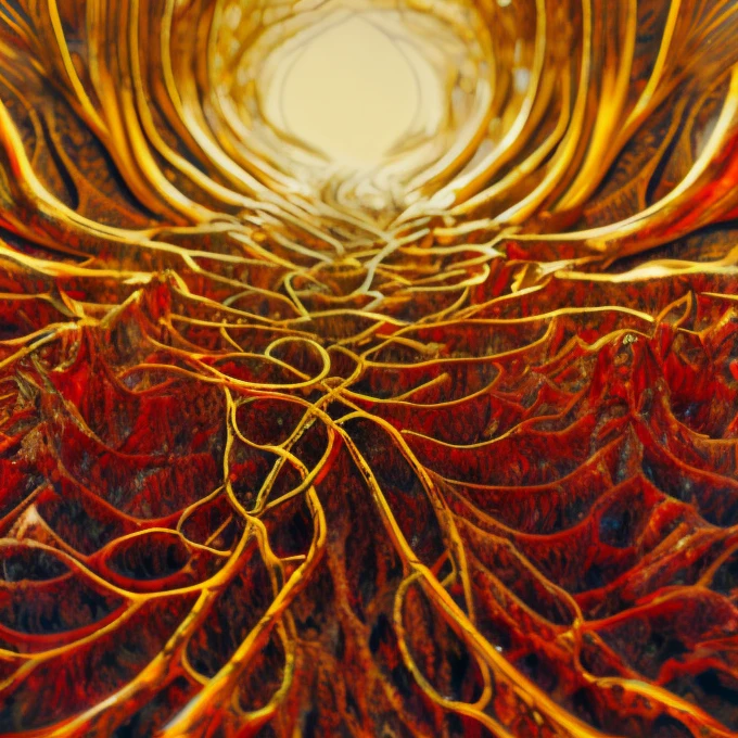  an intricate circulatory system made of organic matter, originating from a red heart , dominant yellow and orange color tonality, growing on a fractal background, brilliant colours, masterpiece, highly detailed, 4k resolution,  3d modelling, digital art