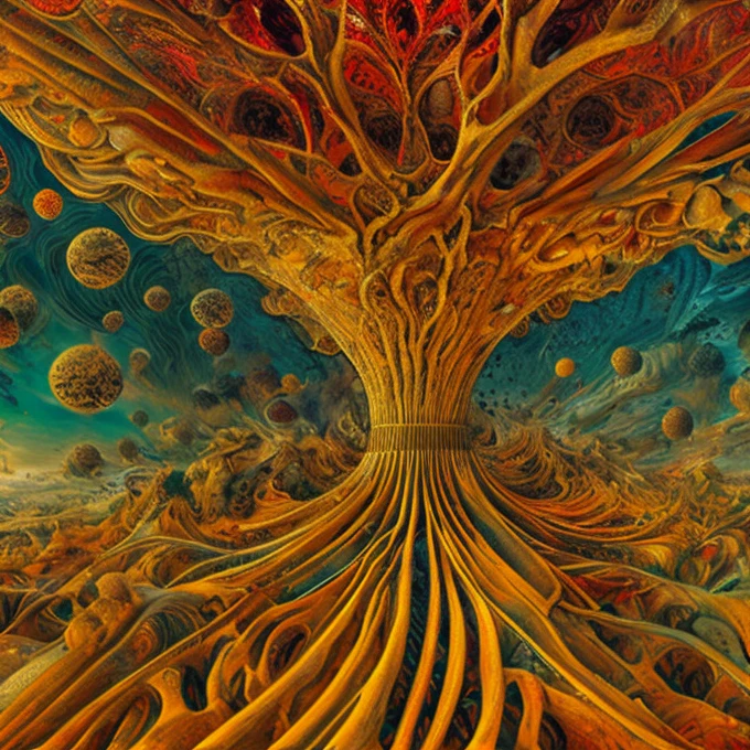  an intricate circulatory system made of organic matter, originating from a red heart , dominant yellow and orange color tonality, growing on a fractal background, brilliant colours, masterpiece, highly detailed, 4k resolution,  3d modelling, digital art