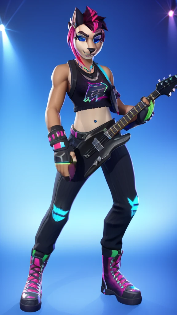 furry girl, dog, multicolored hair, pink hair, black hair, mohawk, makeup, black eyeshadows, blue eyes, ((fingerless gloves, black rock jacket, open clothes, tank top, midriff, pants, shoes)), instrument, guitar, electric guitar, narrowed eyes, detailed body fur, detailed face, detailed eyes, glistering body, shiny body, gorgeous body, skinny, solo, :3, white body fur, sharp teeths, grim, concert stage, electricity on guittar, fortnite style, blue backgroud, 