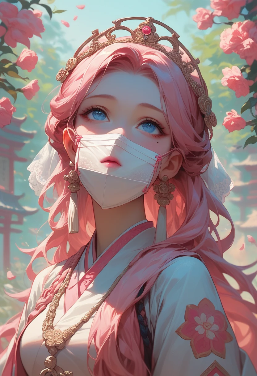 best quality, masterpiece,pink loose long hair, blue eyes,white-hanfu clothes,white-transparent long lace cloth mask,small tiara with accessories and flowers,looking up, upper body,hair strand,Fair skin,a mole under left eye,pink lips,a girl around 12 years old