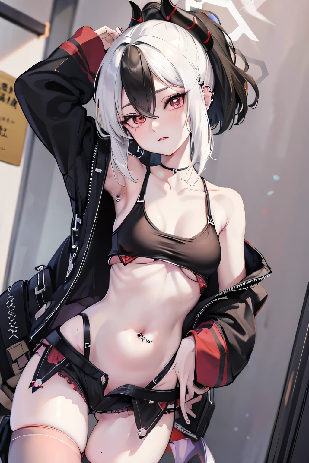 kayoko, thighhighs, belly button, outie, outie navel, outie belly button, crop top, navel piercing, belly button piercing, dangly piercing