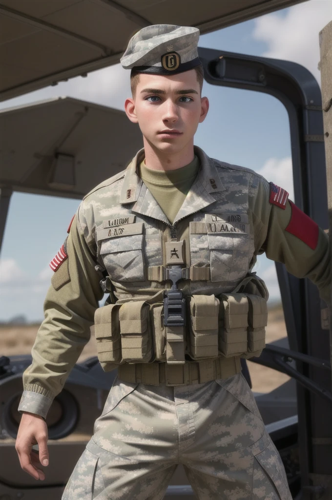 ((masterpiece)), ((best quality:1.2)), High Resolution, 8k, (ultra_realistic:1.3), (photorealistic:1.4), sharp focus, yaoi, 1boy, (perfect face), american soldier, caucasian, white man, handsome sexysoldier,,with military equipment,,name donny r