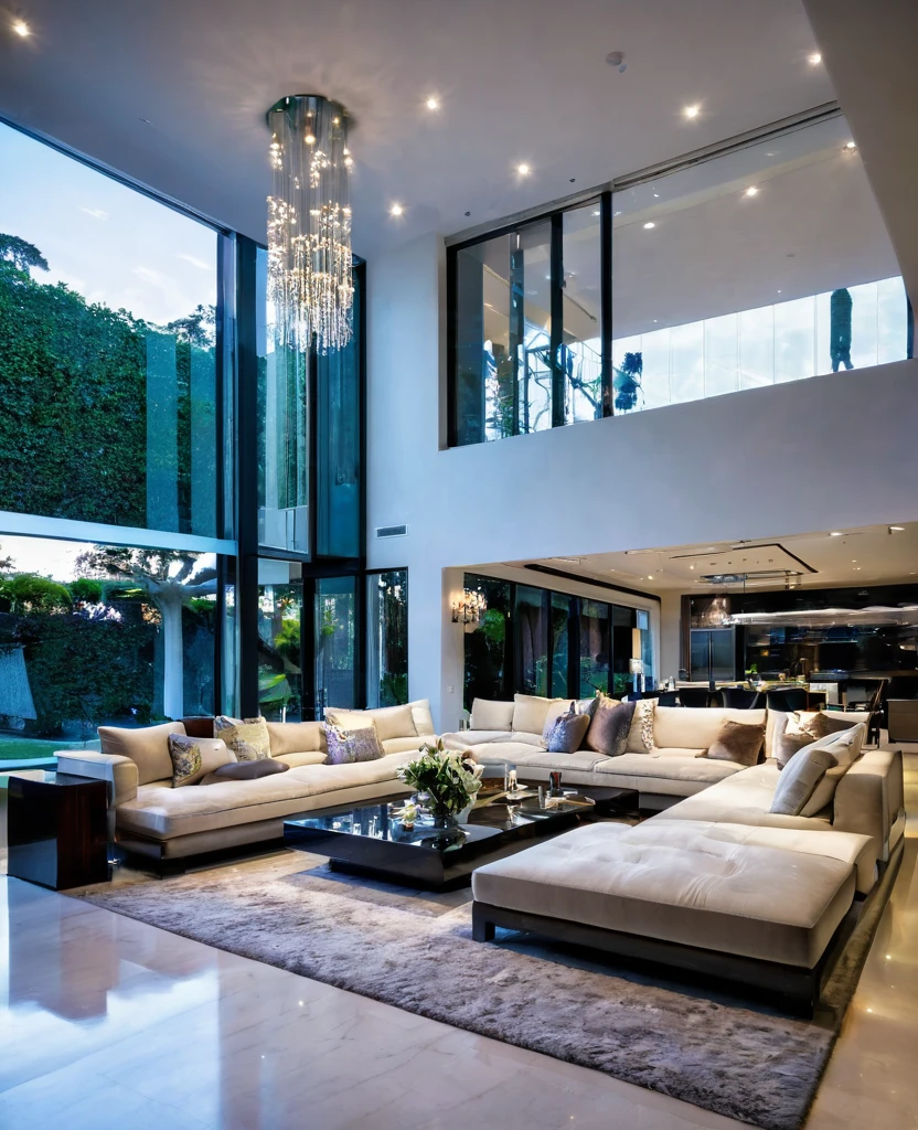 Indoor house, billionaire house, step, table and sofa, lights inhouse,