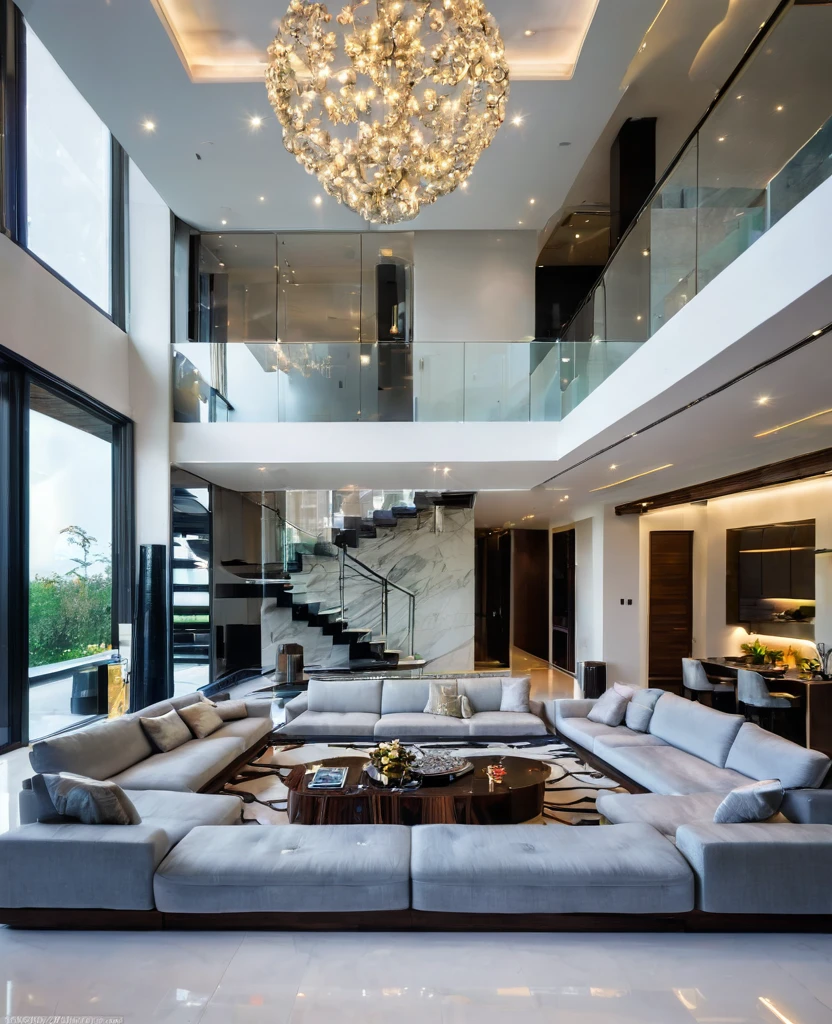 Indoor house, billionaire house, step, table and sofa, lights inhouse,