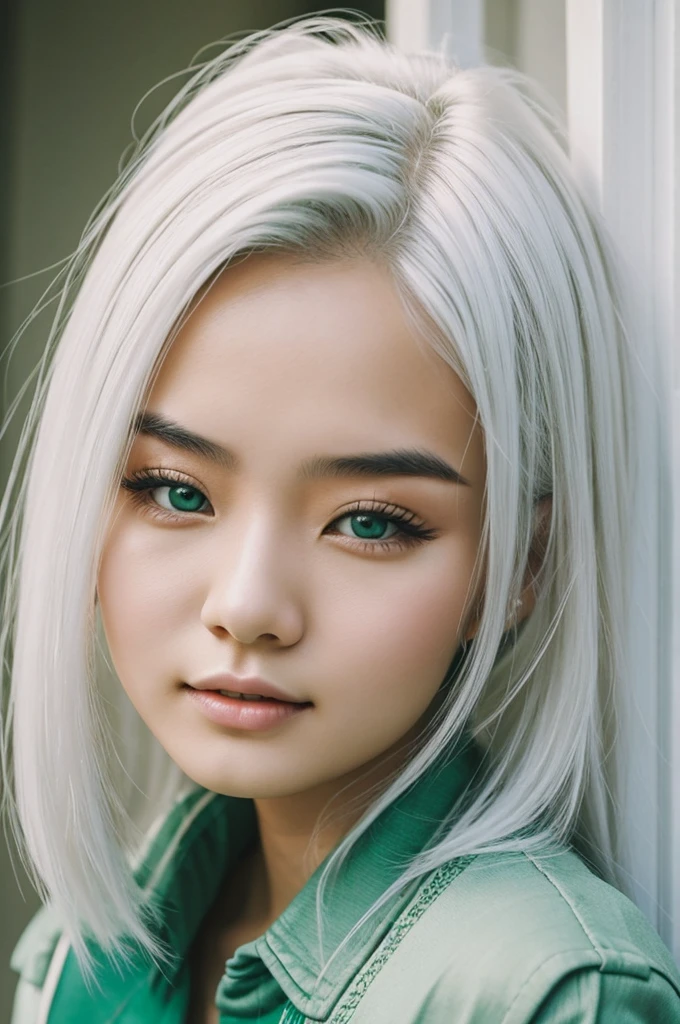 20 year old woman with Chinese hair, white hair, green eyes
